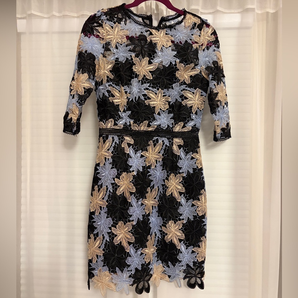 Minuet Petite Black Lace Midi Dress with Blue and Beige Floral Appliqué